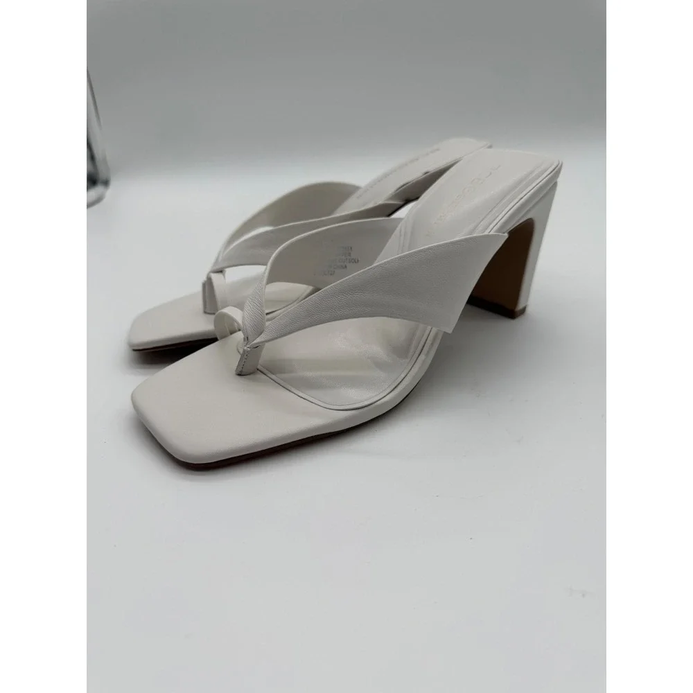 BCBGeneration Flian White Leather Thong Block Heel Sandals Cloud Dancer‎ 6.5M